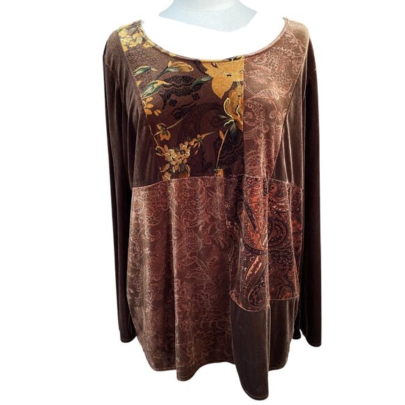 Vintage Velvet Patchwork Whimsigoth Shirt Sz L Brown Artsy Jewel Paisley Floral - Picture 1 of 11